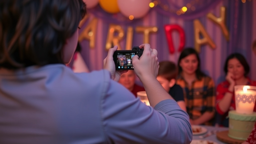 A young person taking photos at a birthday party, capturing joyful moments.