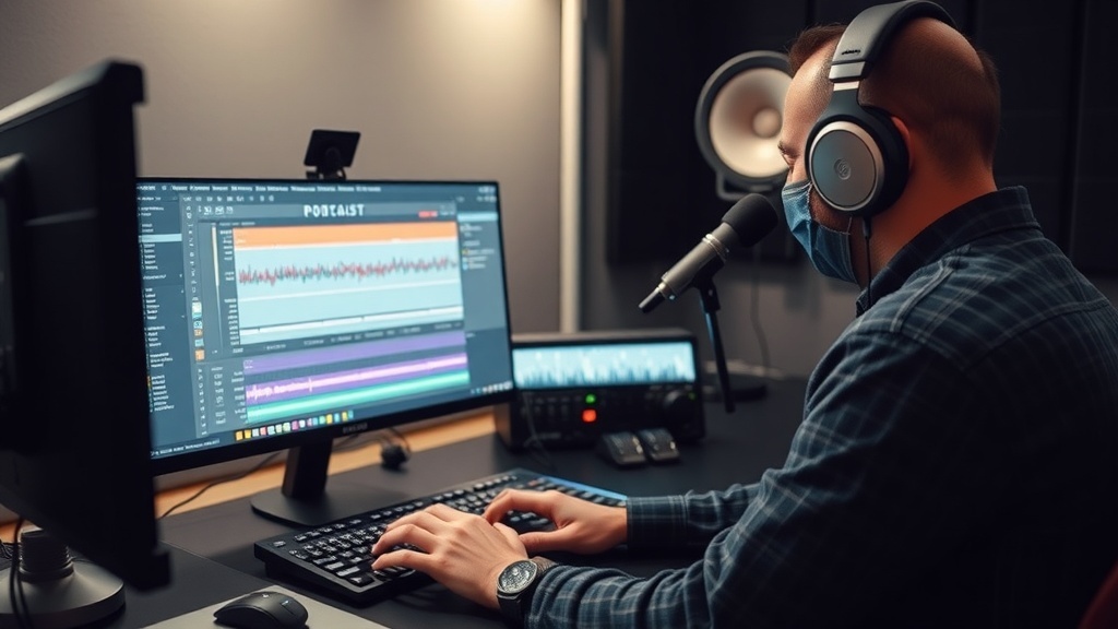 A person editing a podcast on a computer with audio editing software visible on the screen.