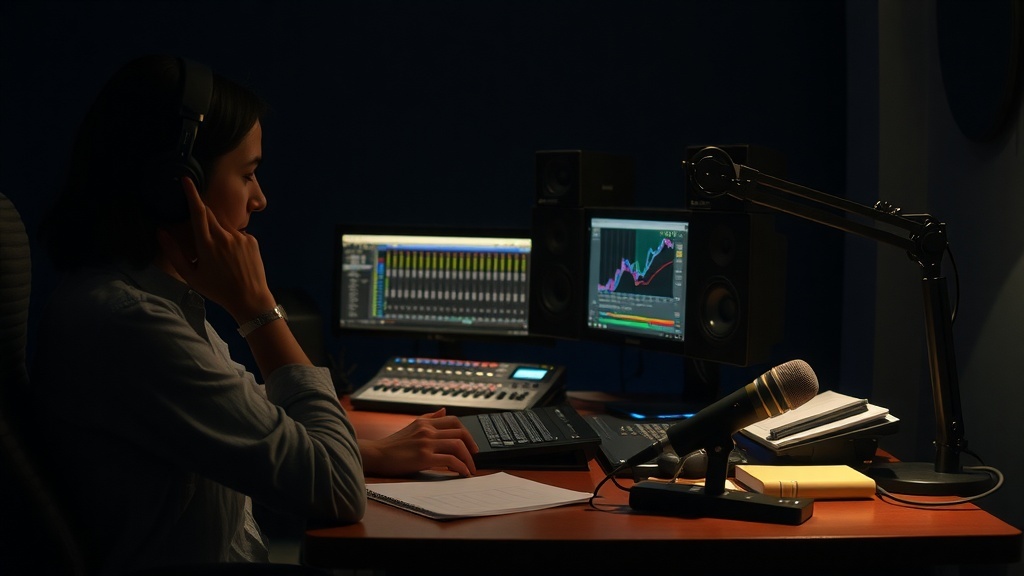 A person editing a podcast in a studio with headphones on, focused on computer screens and audio equipment.