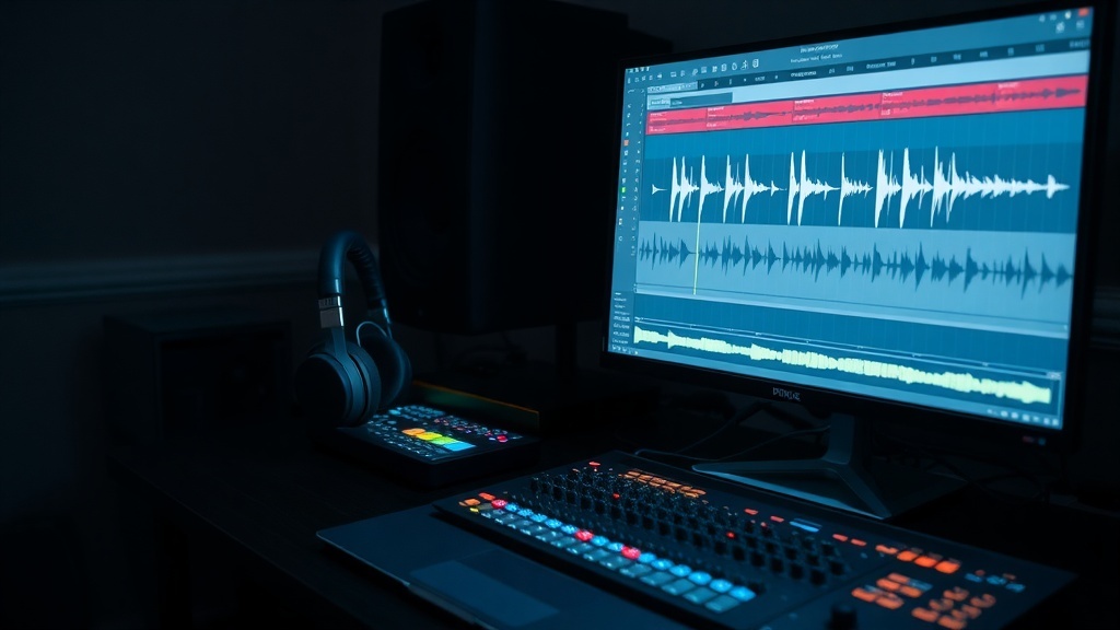 A dark workspace with a computer screen showing audio editing software, headphones, and a keyboard.