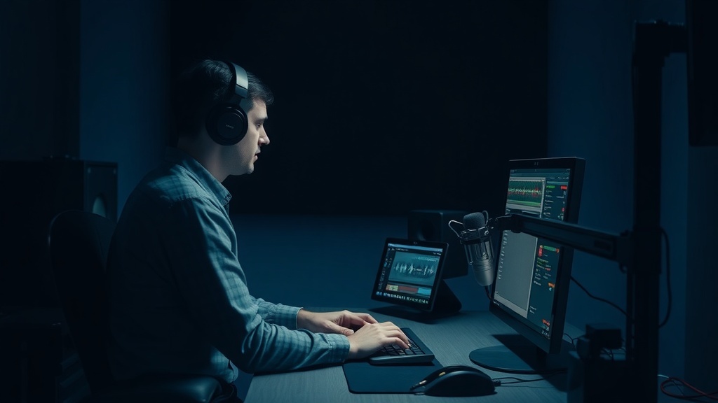 A person editing a podcast on a computer with headphones on.
