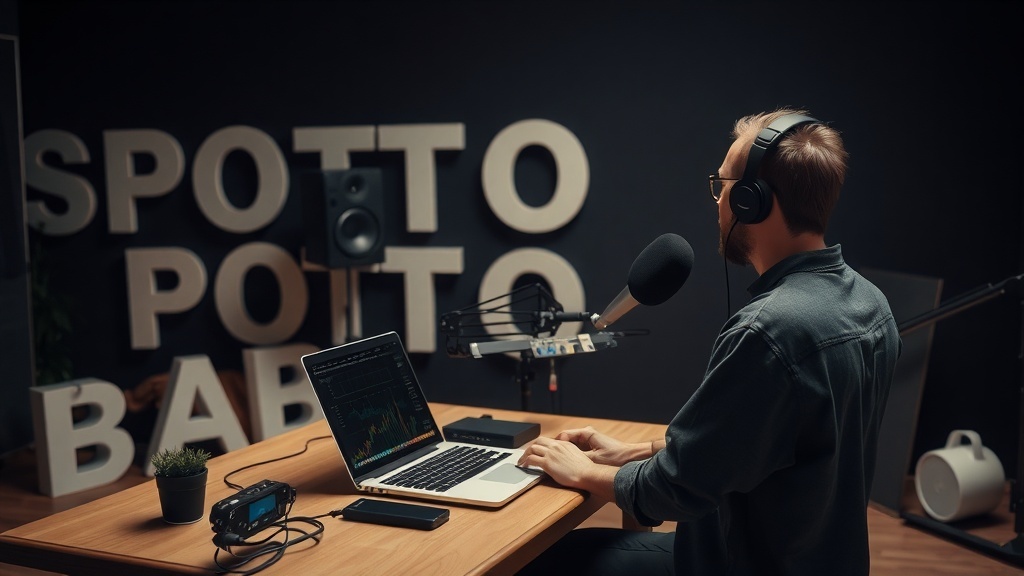 A person editing a podcast at a desk with a laptop and audio equipment.