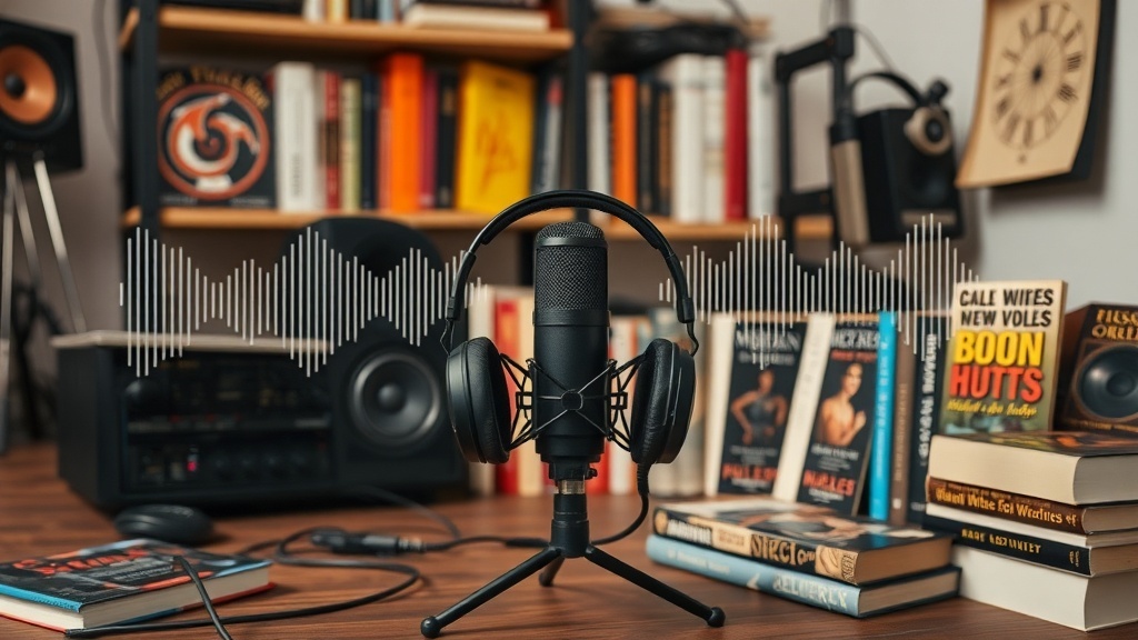 A microphone and headphones set up in front of a bookshelf filled with books, symbolizing podcast platforms for book readings.