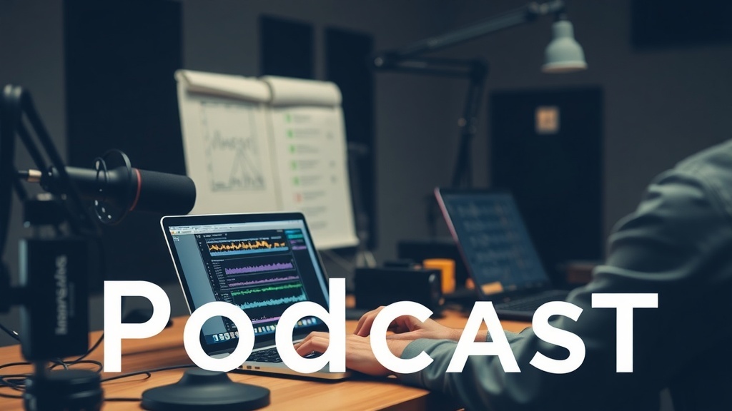 A workspace for podcast production featuring a microphone, computer, and audio editing software.