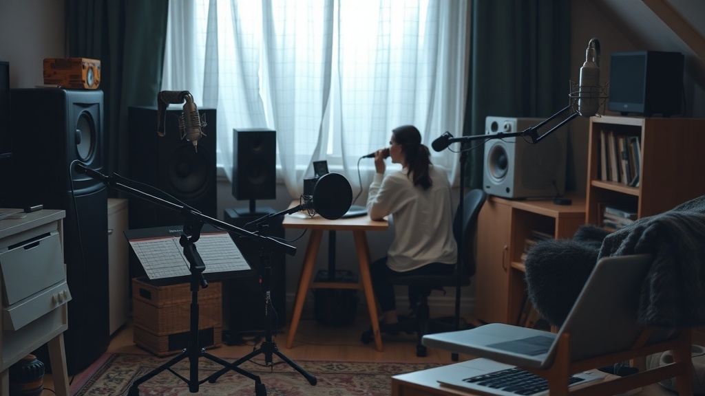 A cozy podcasting setup with microphones, speakers, and a person recording at a desk.