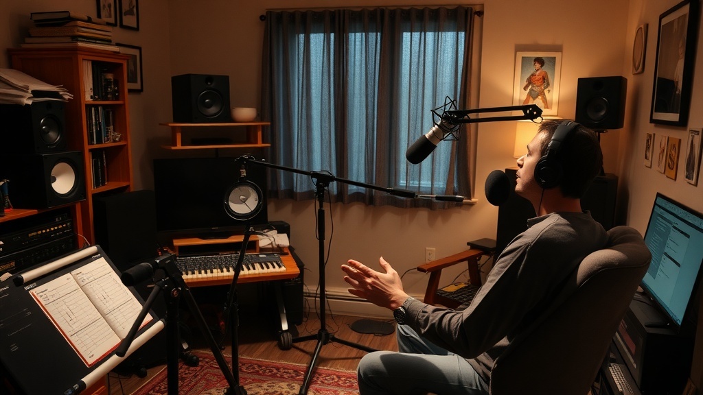 A cozy home podcasting setup featuring a microphone, headphones, and a computer.