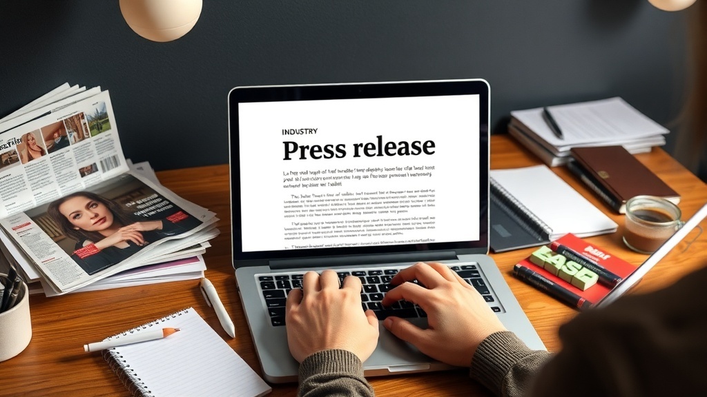 A person typing on a laptop with a press release displayed on the screen, surrounded by notes and newspapers.