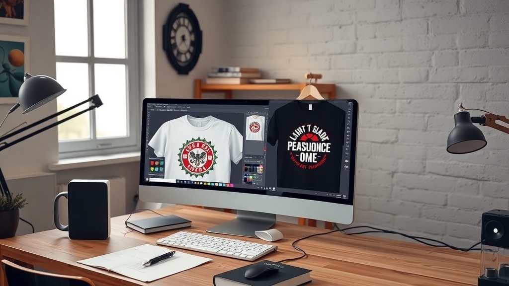 A cozy workspace with a computer displaying custom t-shirt designs, showcasing a print on demand setup.