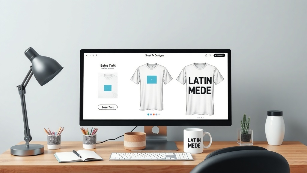A computer screen displaying a print on demand design interface for t-shirts and mugs.