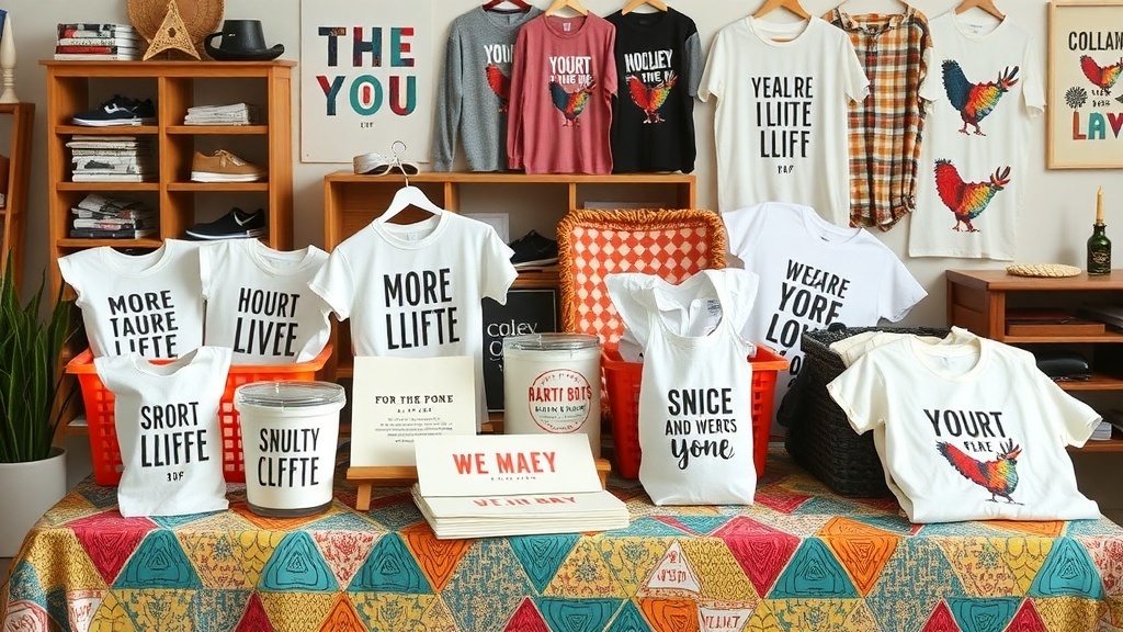 A colorful display of various print on demand products including t-shirts and bags with catchy phrases.