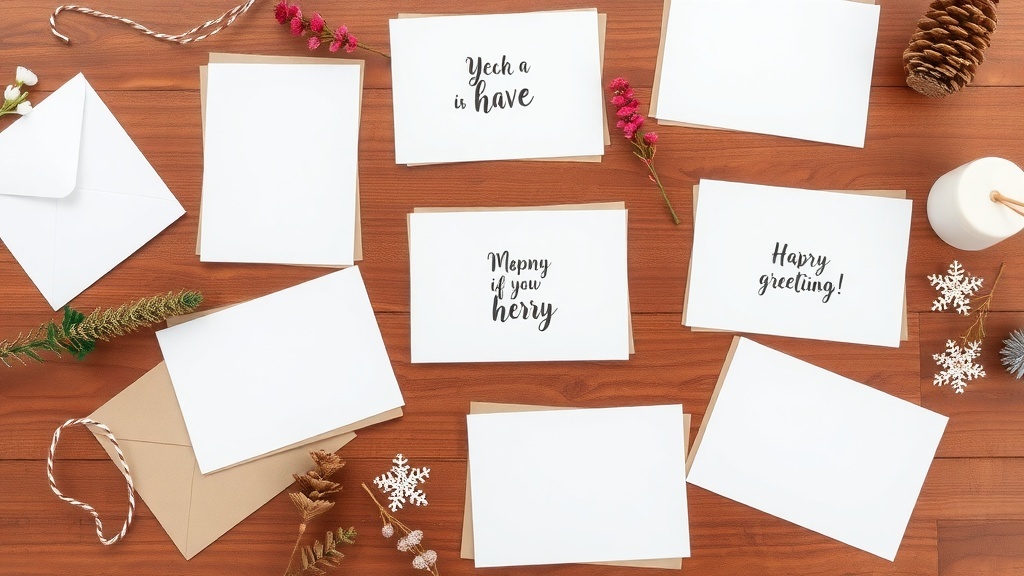 An assortment of printable greeting cards with various messages on a wooden table.