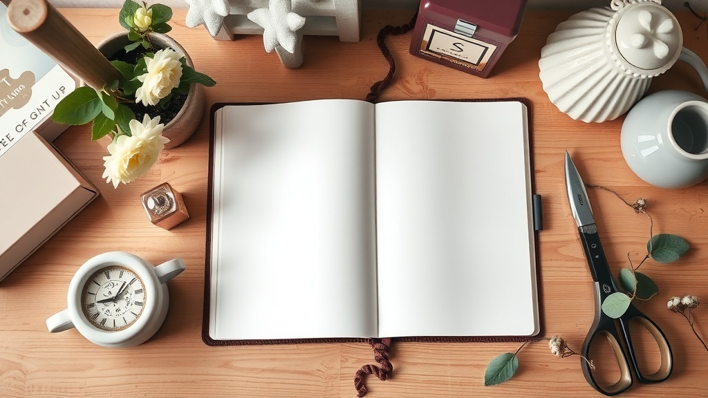 A cozy workspace featuring an open journal, a plant, a clock, and a cup of tea, creating a calming atmosphere.