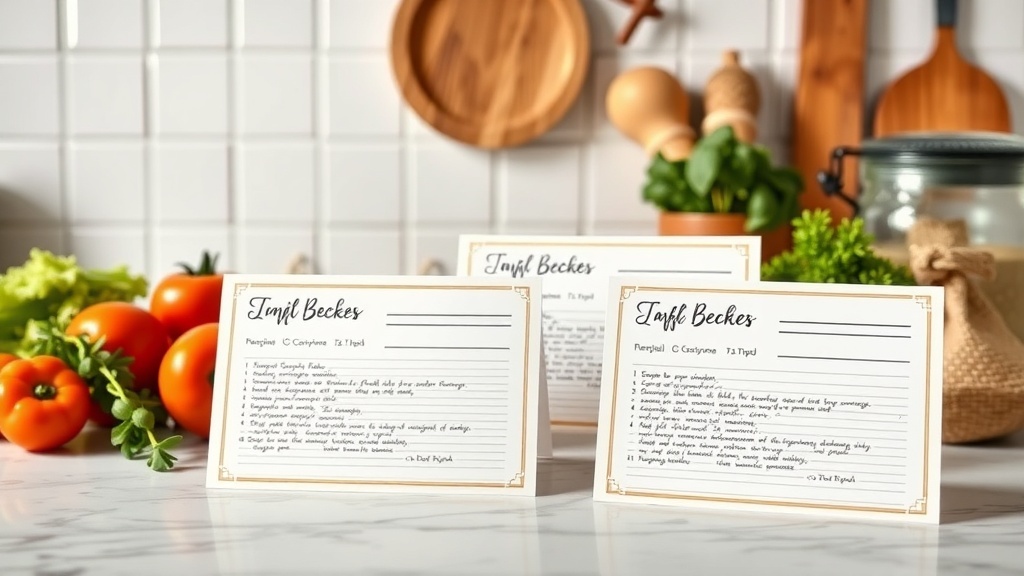 A set of printable recipe cards displayed in a kitchen with fresh ingredients.