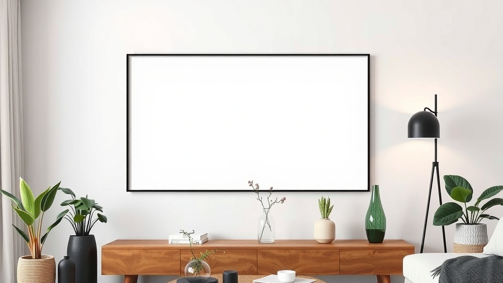A modern living room with a blank frame on the wall, showcasing a stylish decor setup.