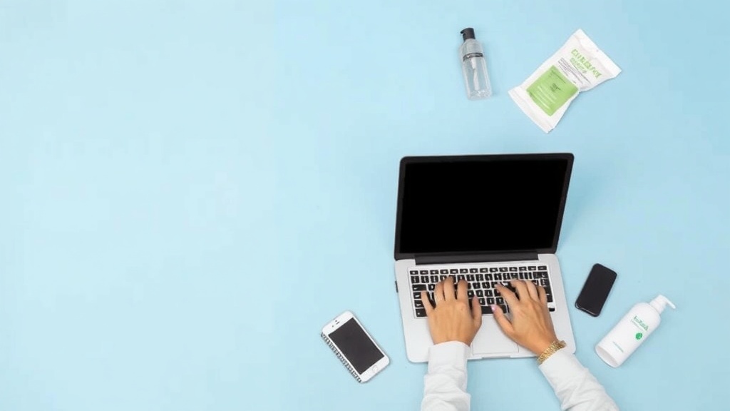 A person typing on a laptop with various products around