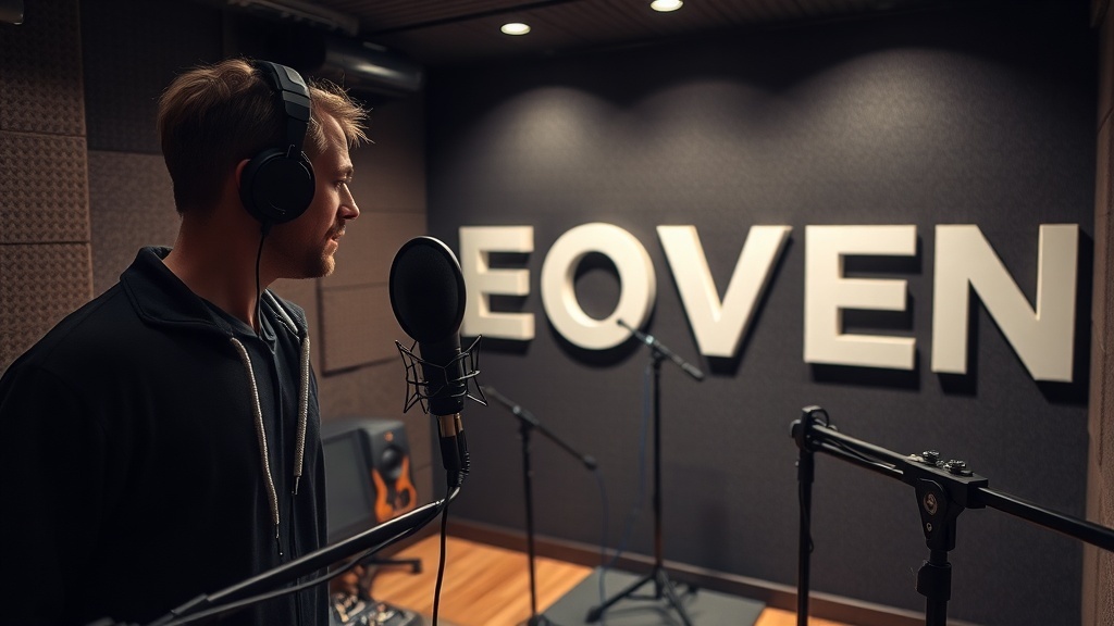 A person recording a voiceover in a professional studio.