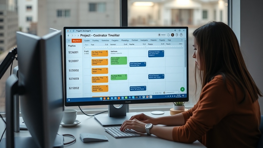 A woman working on a computer with project management software displayed on the screen.