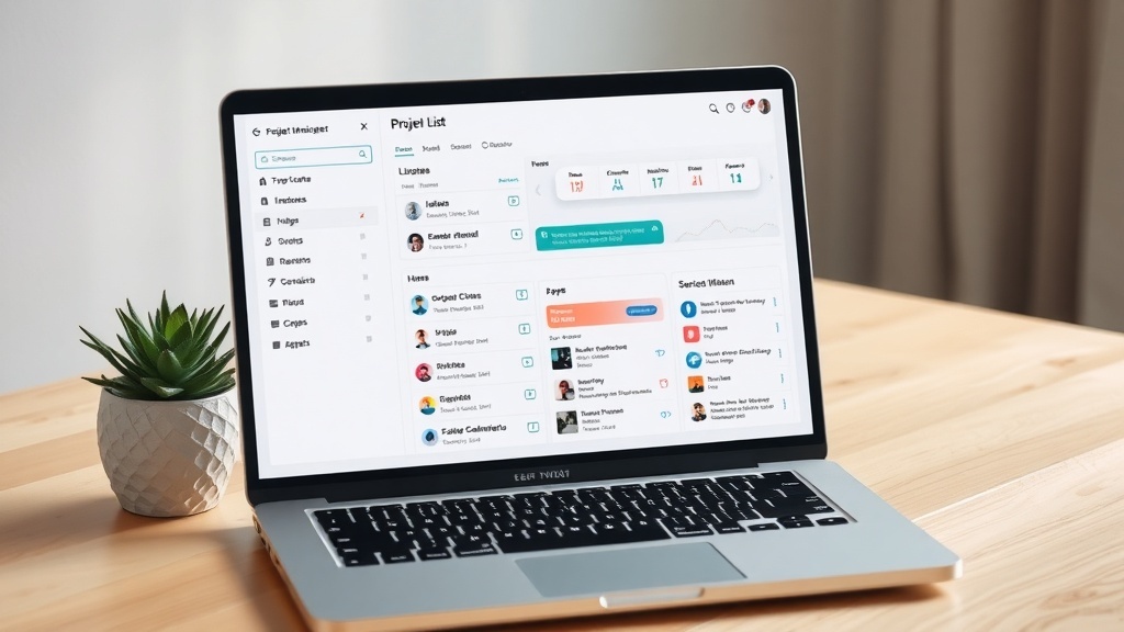 A laptop displaying a project management tool with a plant beside it on a wooden table.