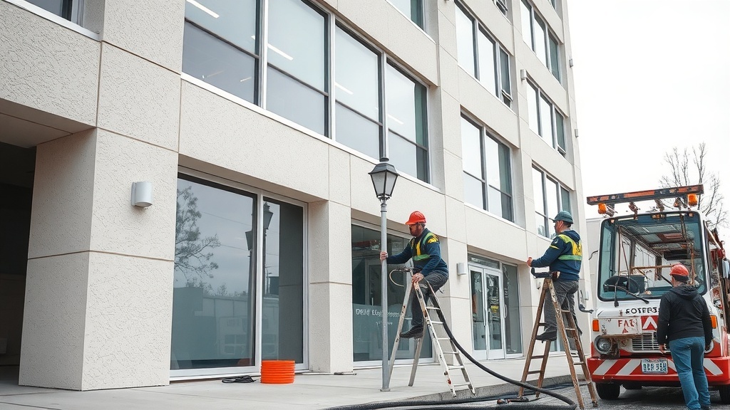 Workers performing maintenance on a commercial building