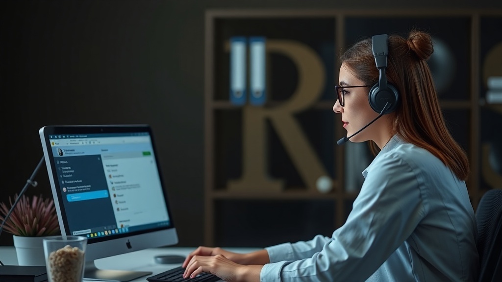 A woman providing customer support using a headset and computer in a modern office setting.