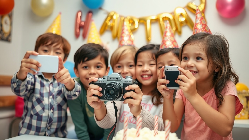 A group of children at a birthday party, excitedly holding cameras and smartphones, ready to take photos.