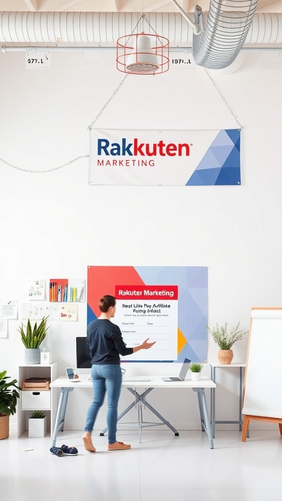 A person presenting information about Rakuten Marketing in a modern office setting.