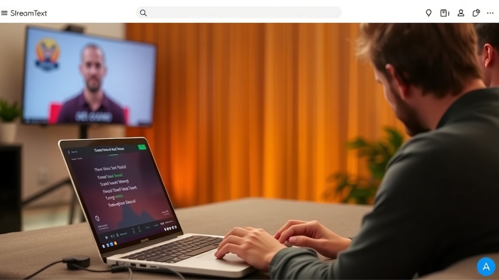A person using a laptop to create real-time subtitles for a speaker on a screen, showcasing StreamText's interface.