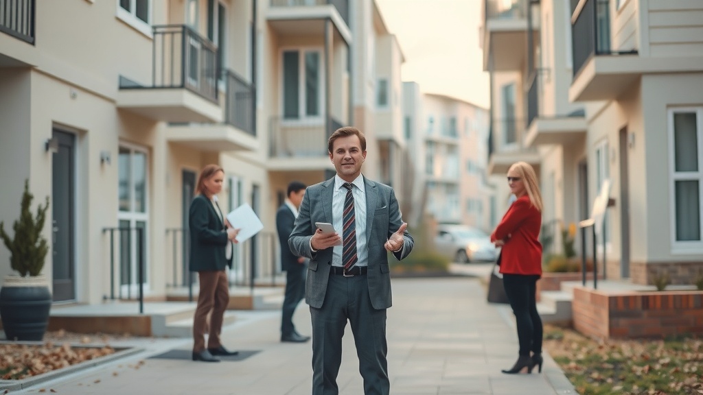A professional property manager in a suit stands in front of a modern apartment complex, with colleagues in the background, showcasing real estate management.