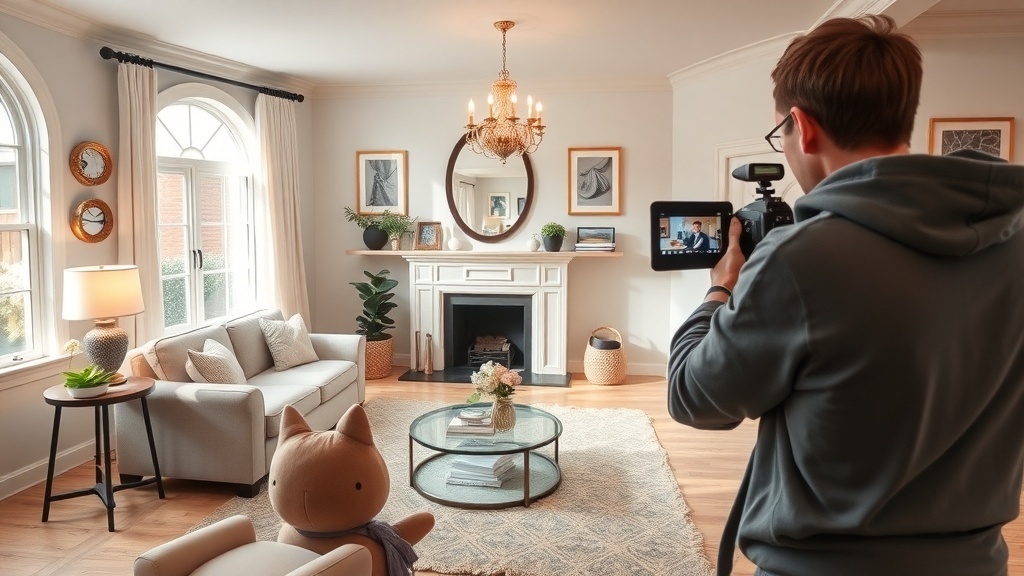 A photographer capturing a living room with a camera, showcasing a stylish interior setup.
