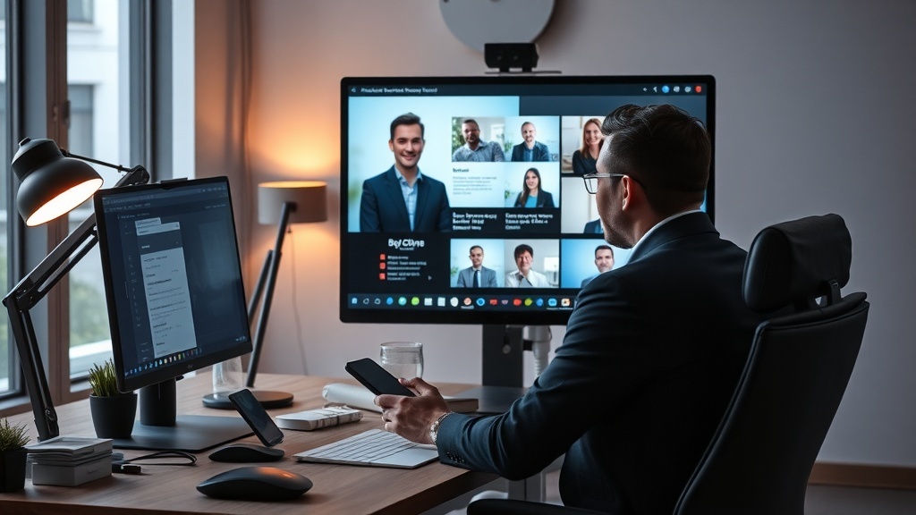 A professional in business attire working from a home office, engaged in a video call on a computer.