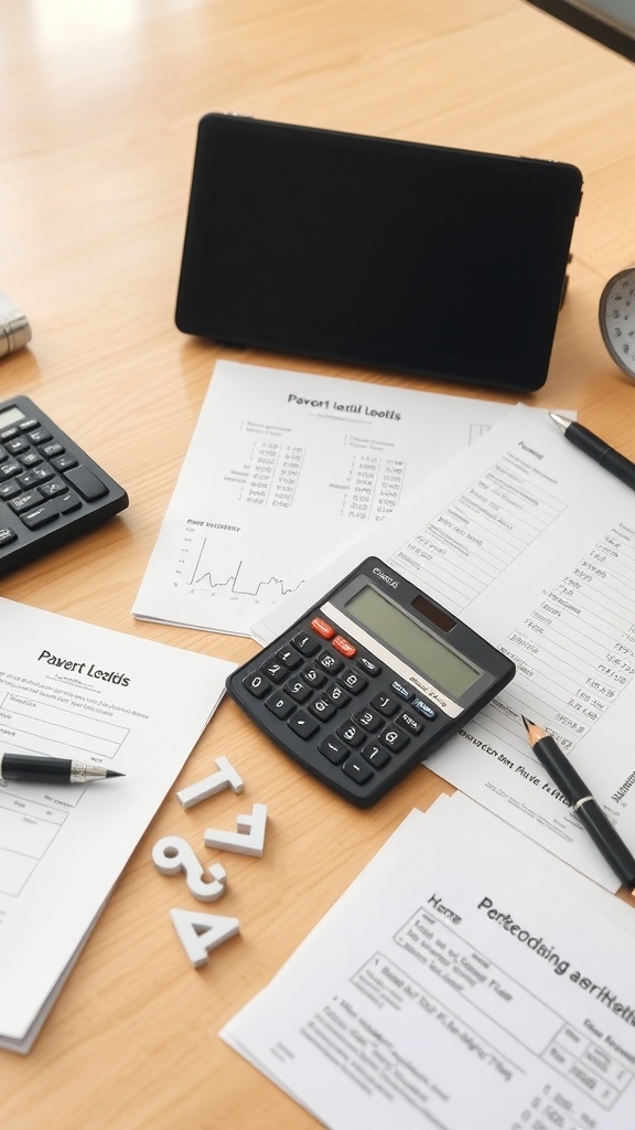 A workspace with calculators, financial documents, and a tablet, representing remote bookkeeping.