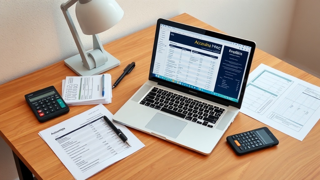 A workspace with a laptop, calculator, and accounting documents, illustrating remote bookkeeping.