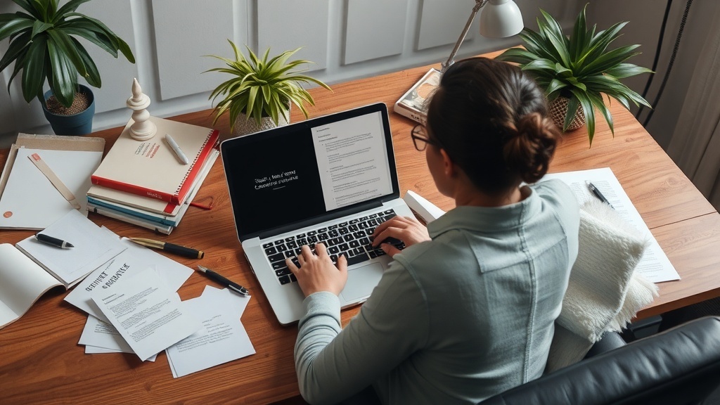 A person typing on a laptop at a desk with notes and plants around.