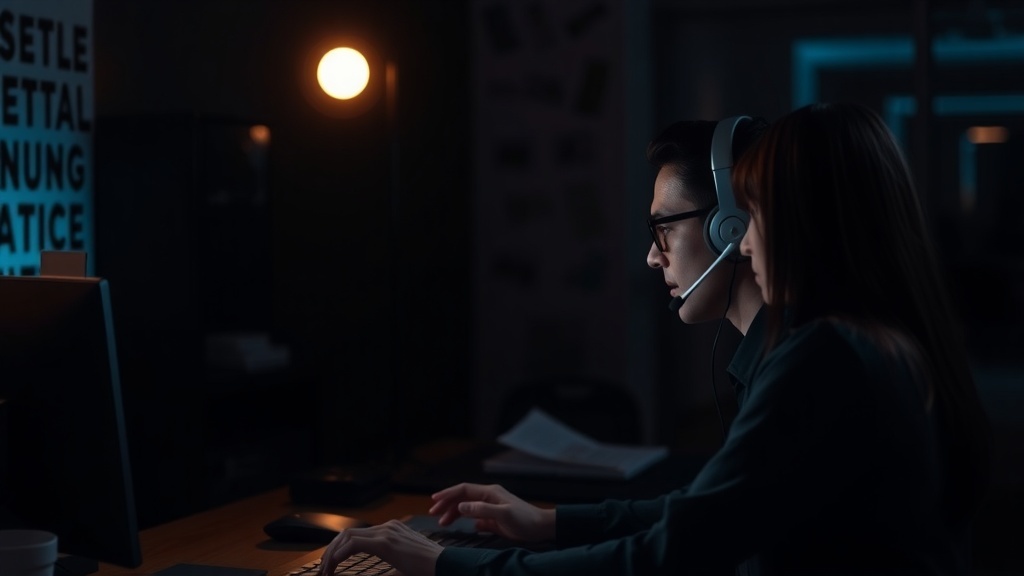 Two individuals working late at night in a customer service setting, wearing headsets and focused on their computer screens.