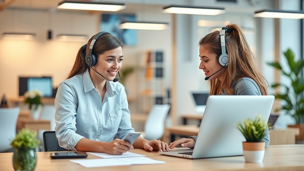 Two women in a modern office setting, wearing headsets and engaged in a conversation, representing remote customer service jobs.