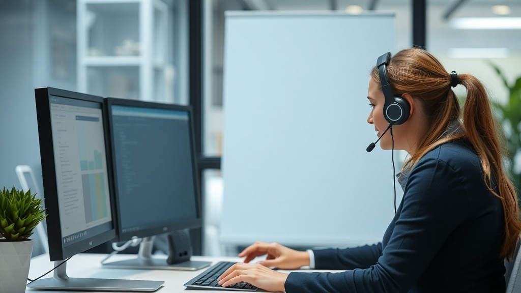 A woman in a headset working at a desk with two computer monitors, focused on customer service tasks.