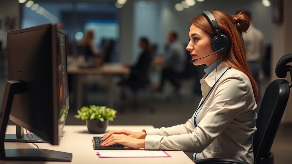 A woman in a headset working at a computer in a modern office setting.