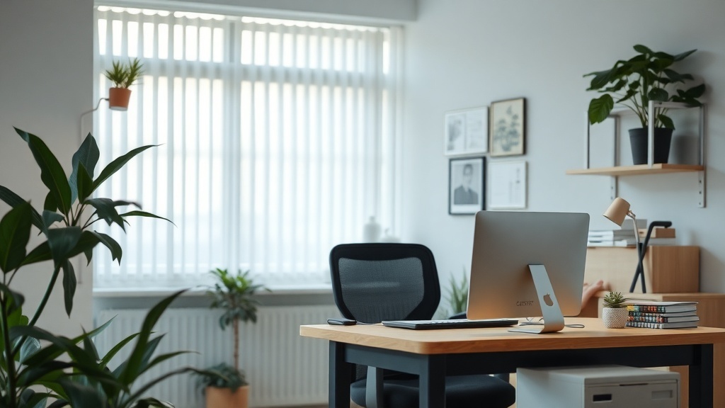 A bright and organized remote workspace with a computer, plants, and a comfortable chair.