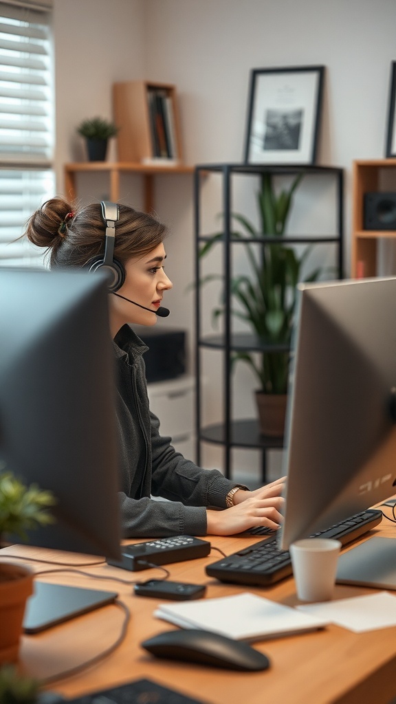 A woman wearing a headset working at a computer in a home office setting.
