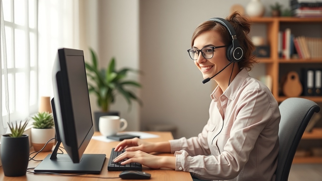 A woman wearing a headset, smiling while working on a computer in a cozy home office.