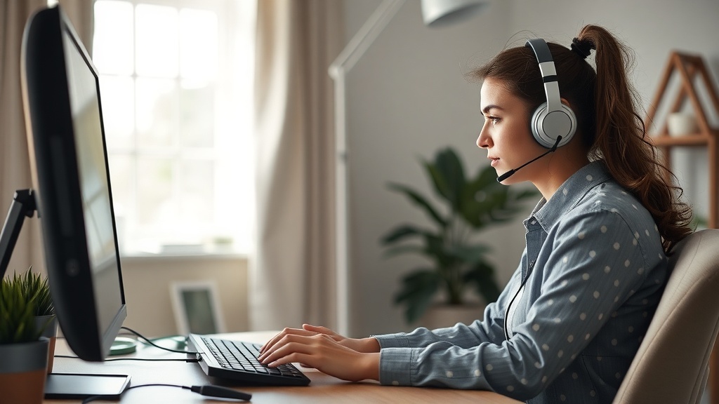 A person working in a remote customer service role, wearing a headset and focused on a computer.