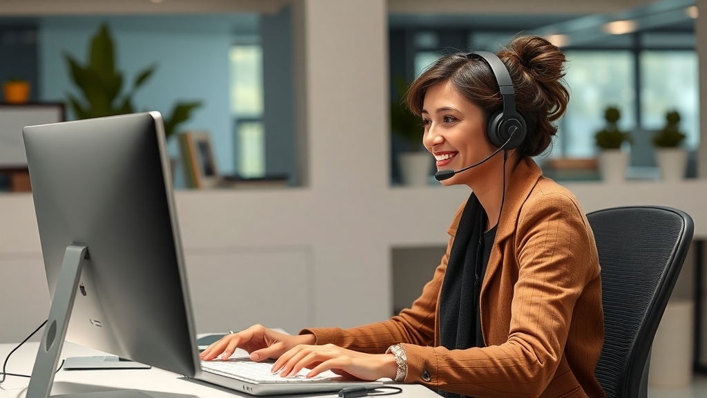 A woman working in remote customer service, wearing a headset and smiling at her computer.