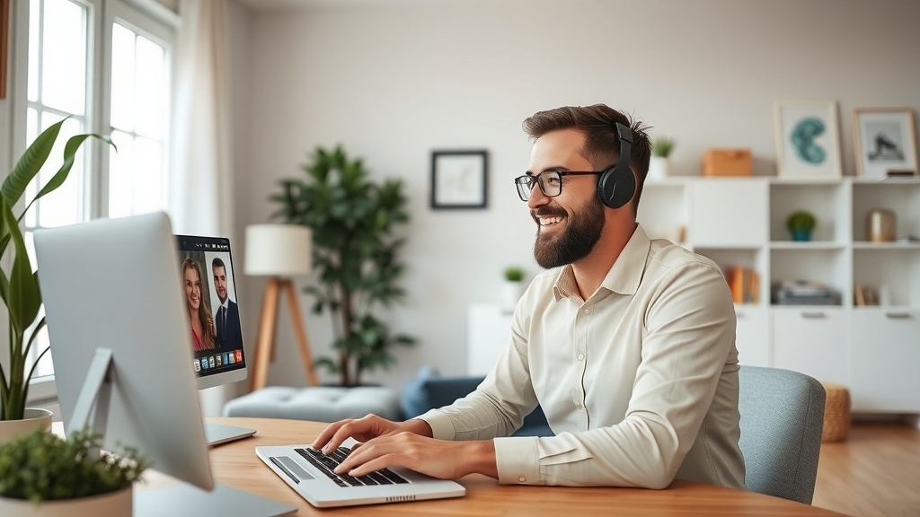 A man working from home as a Customer Success Manager, engaged in a video call with clients.