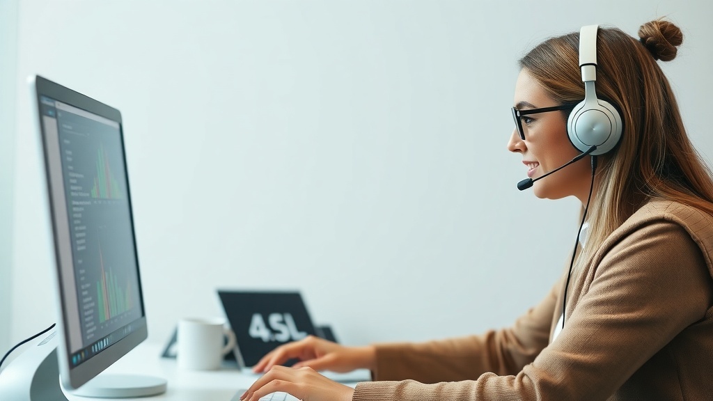 A woman wearing a headset, working at a computer as a remote customer support agent.