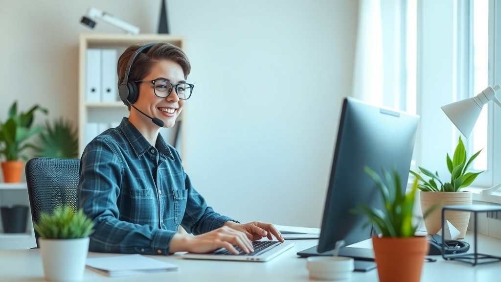 A smiling person wearing a headset, working at a computer in a home office with plants around.