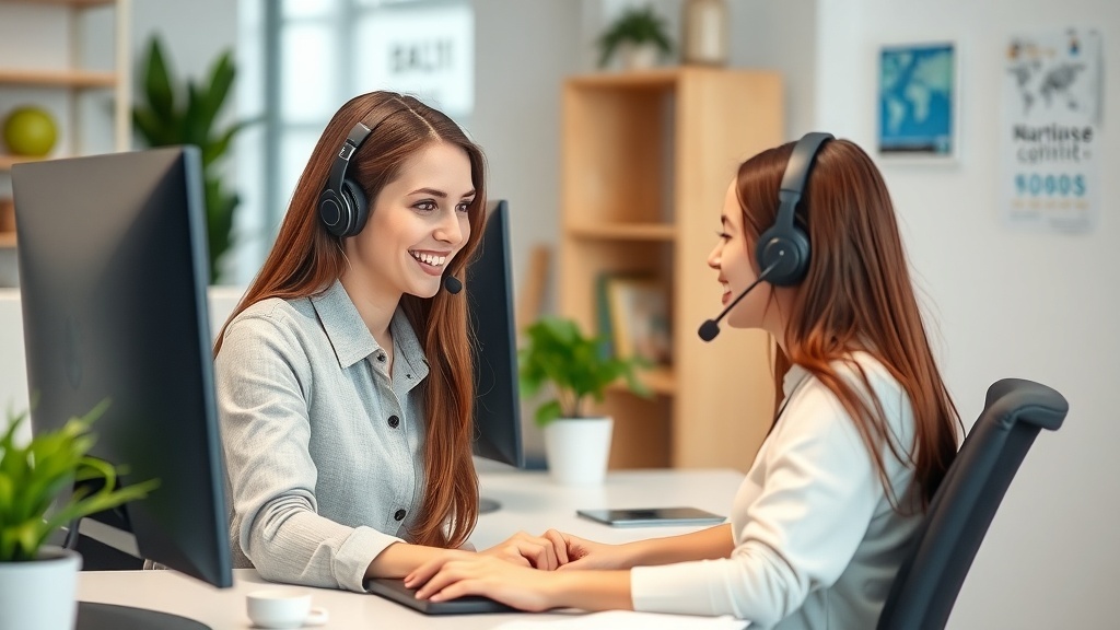 Two women in a modern office setting, wearing headsets and smiling while engaged in a conversation.