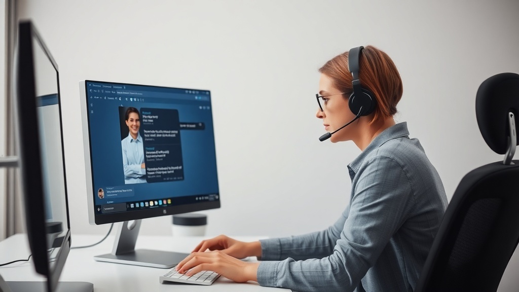 A person working in a remote customer support role, wearing a headset and focused on their computer screen.
