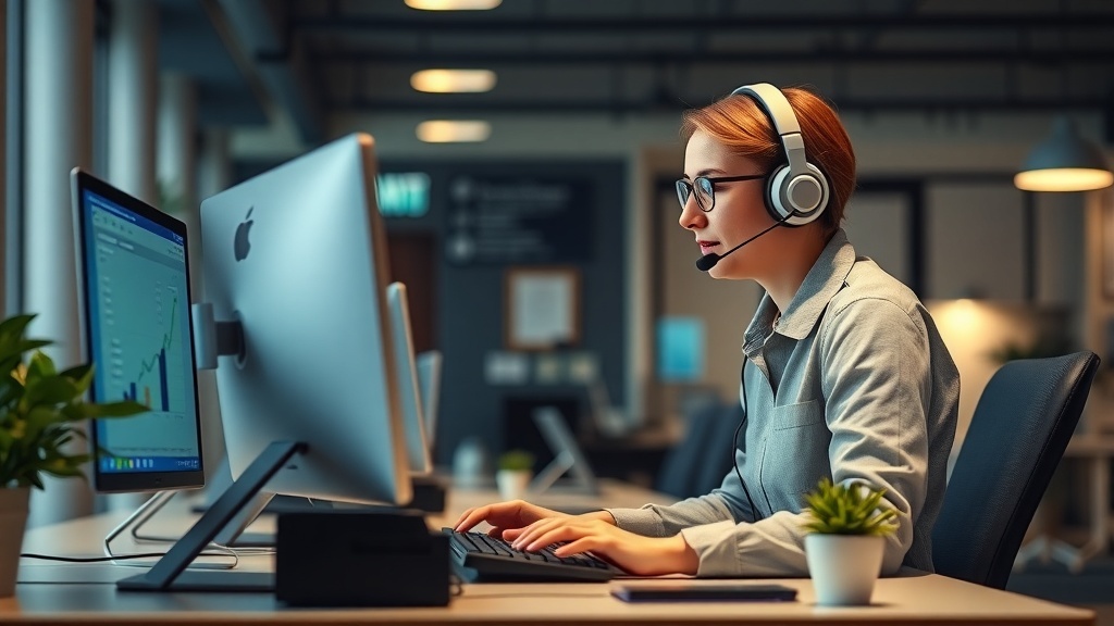 A woman in a headset working at a computer, providing remote customer support.