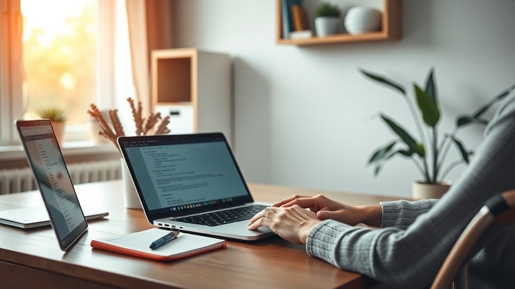 A person working on a laptop in a cozy workspace with a notebook and pen nearby.
