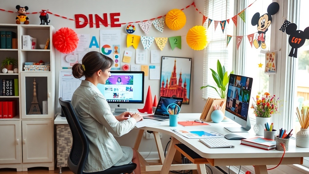 A colorful home office decorated with Disney-themed items, showcasing a workspace ideal for a Remote Disney Event Coordinator.